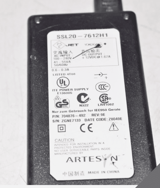 NEW OEM ARTESYNCWT SSL20-7612H1 704876-492 12 V DC 1.67 A power supply Ac Adapter